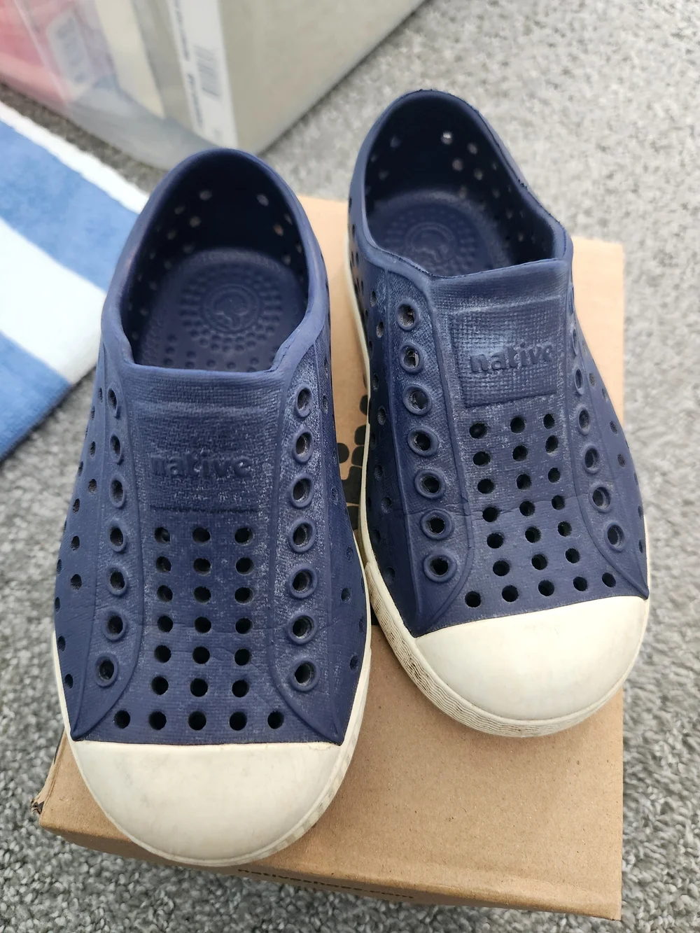 Native Jefferson Slip-On in Navy with White Toe Size 8